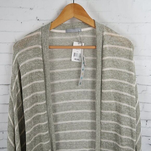 OLIVIA MOON GREEN OLIVE STRIPE BAT SLEEVE OPEN CARDIGAN SWEATER SIZE SMALL NWT - Picture 7 of 12